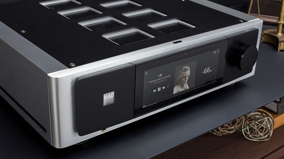 |NAD M33 BluOS Streaming DAC Amplifier with speakers|NAD M33 BluOS Streaming DAC Amplifier rear|NAD M33 BluOS Streaming DAC Amplifier|NAD M33 BluOS Streaming DAC Amplifier with speakers|NAD M33 BluOS Streaming DAC Amplifier - closeup VU meter|