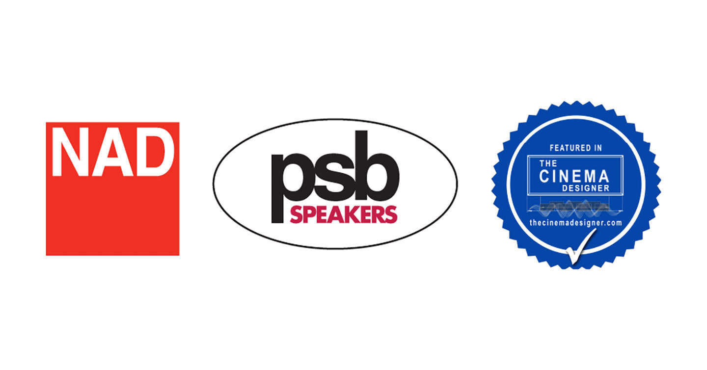 NAD, PSB speakers, and the Cinema Designer logos