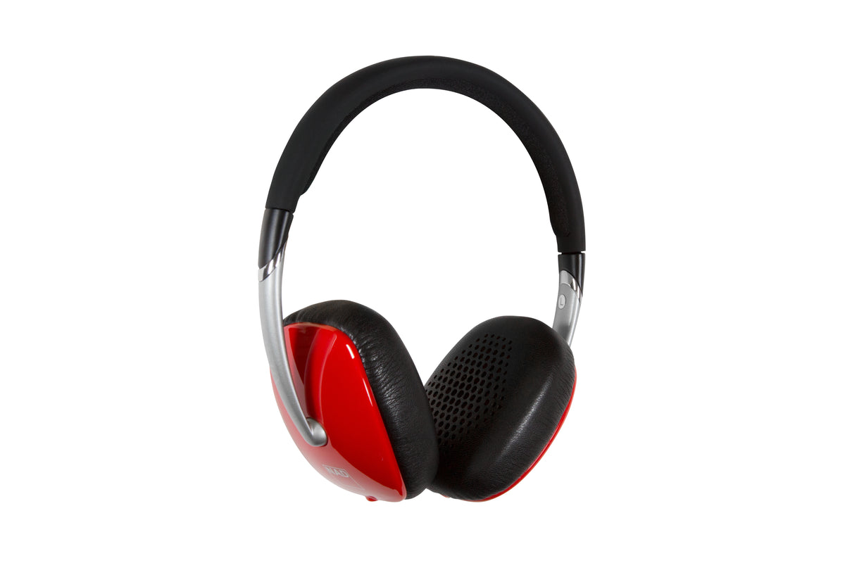 Red and black headphones on a white background