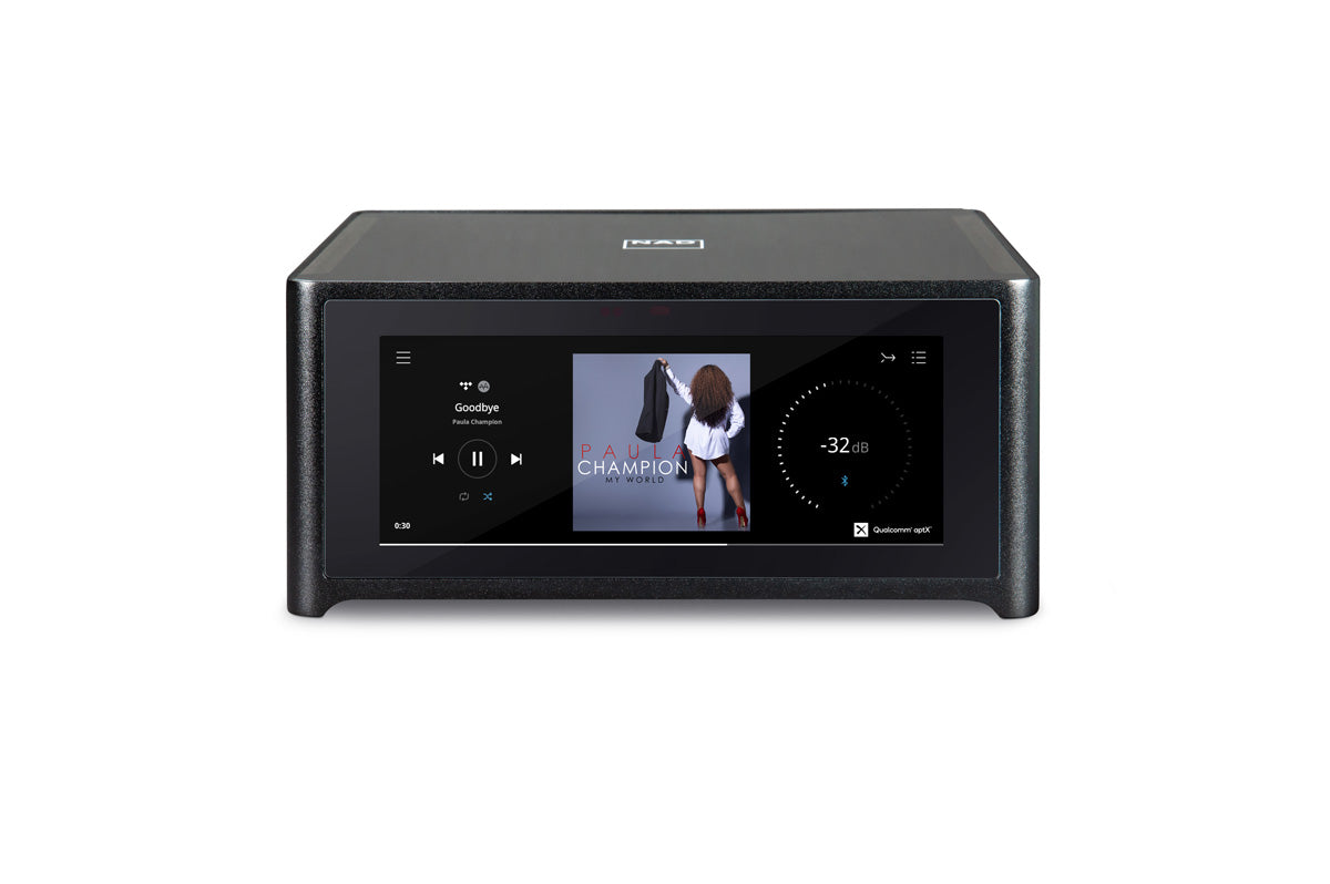 Black audio receiver with digital display on a white background