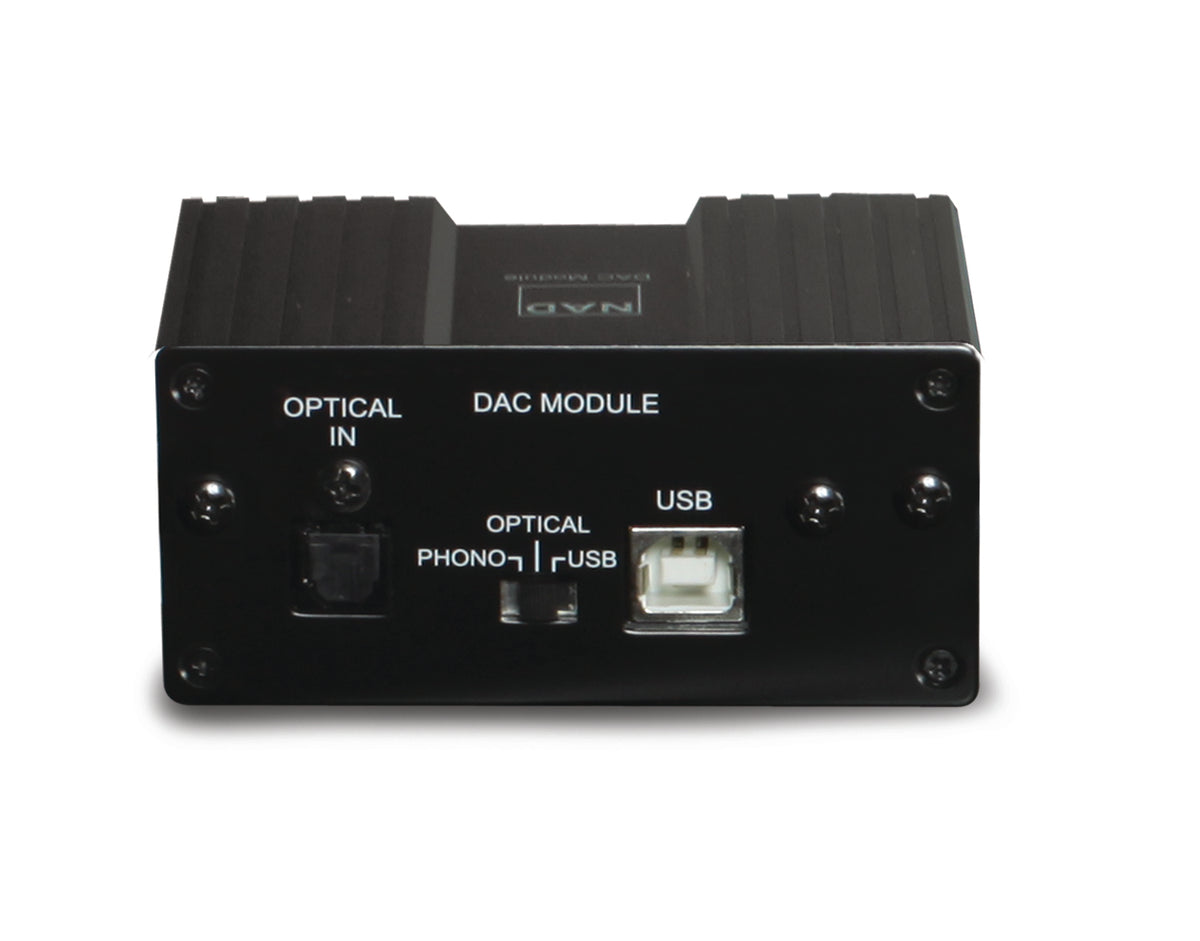 Black audio component with labeled ports on a white background