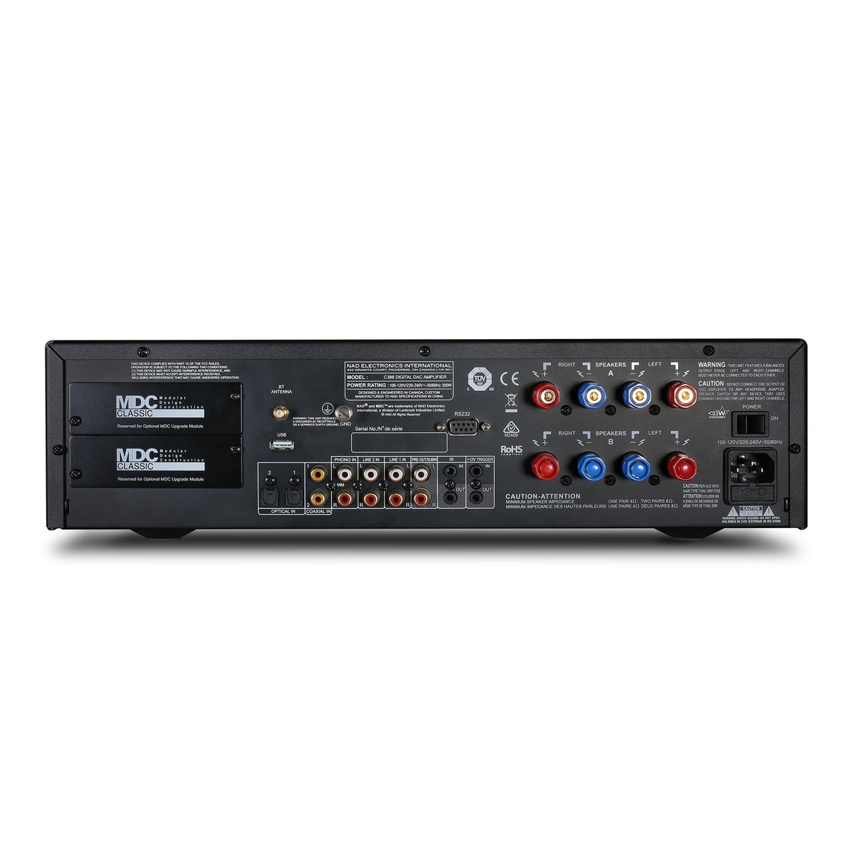 Rear view of an integrated streaming amplifier showing the MDC slots and extensive connectivity options.