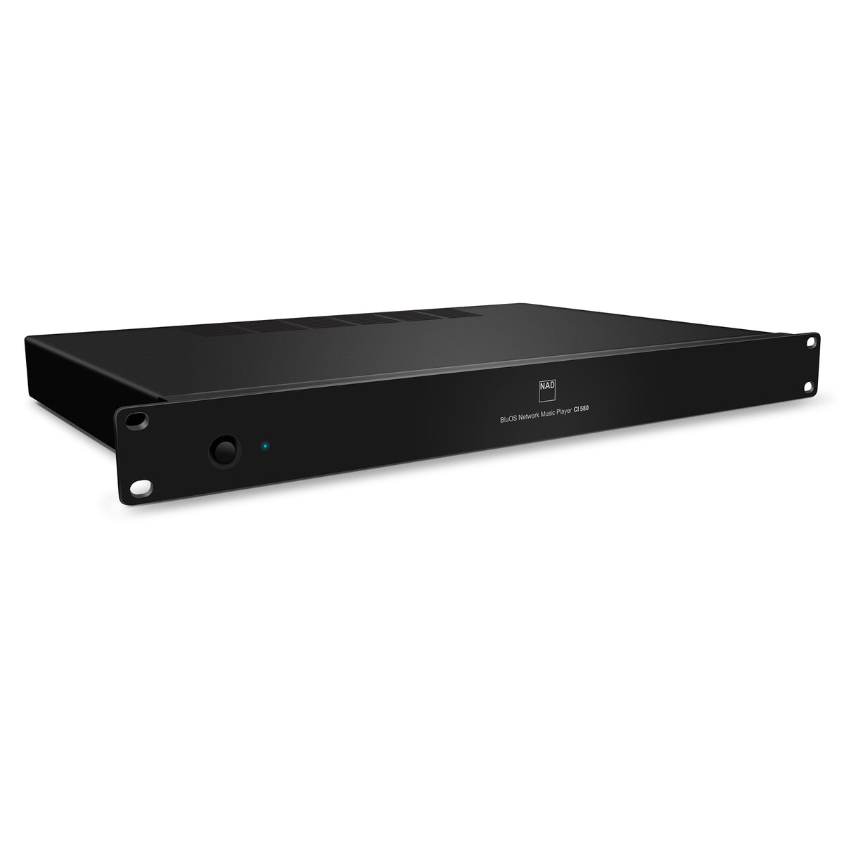 Black audio equipment rack mount on a white background