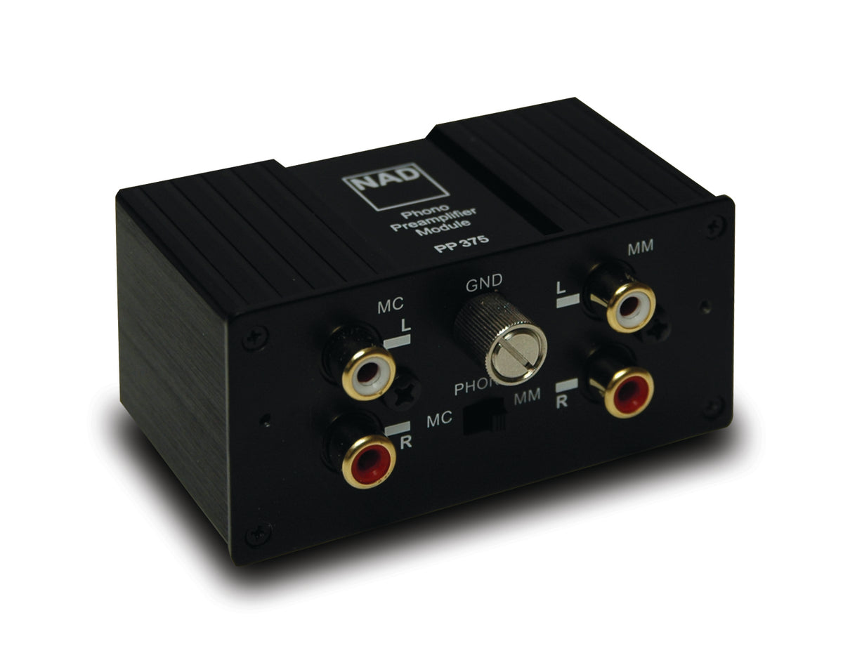 Black audio component with connectors on a white background