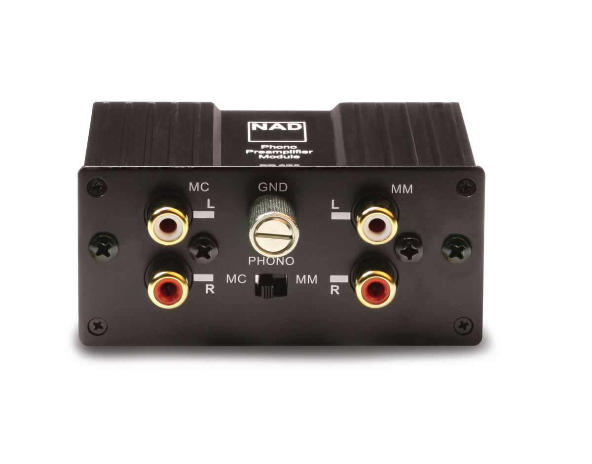 Audio component with RCA and headphone jacks on a white background