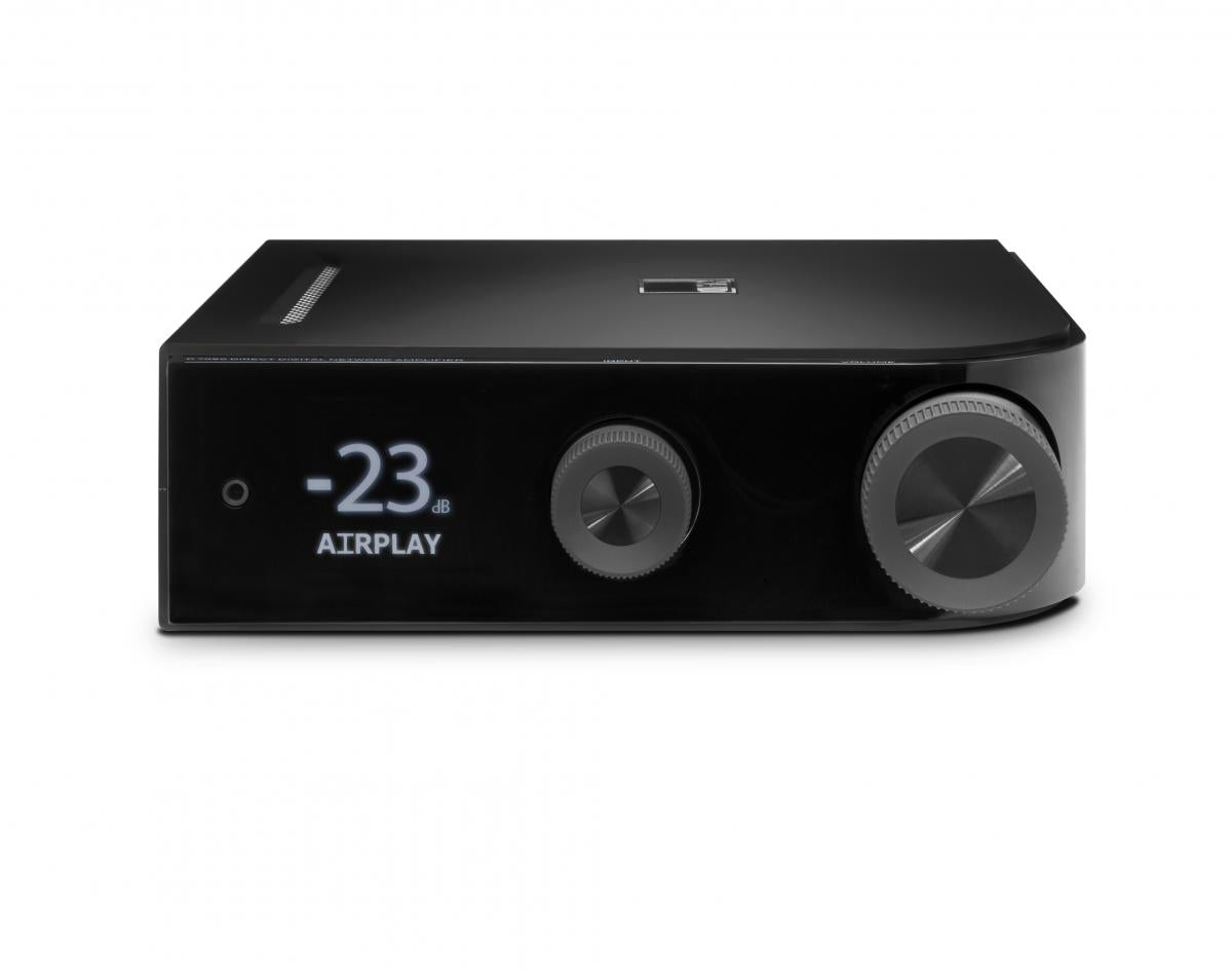 Black electronic device with digital display and airplay text on a white background