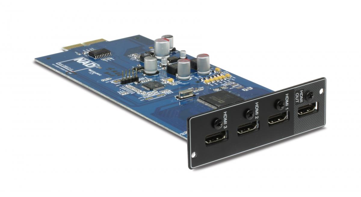 Computer audio interface card with blue circuit board and black connector panel on a white background