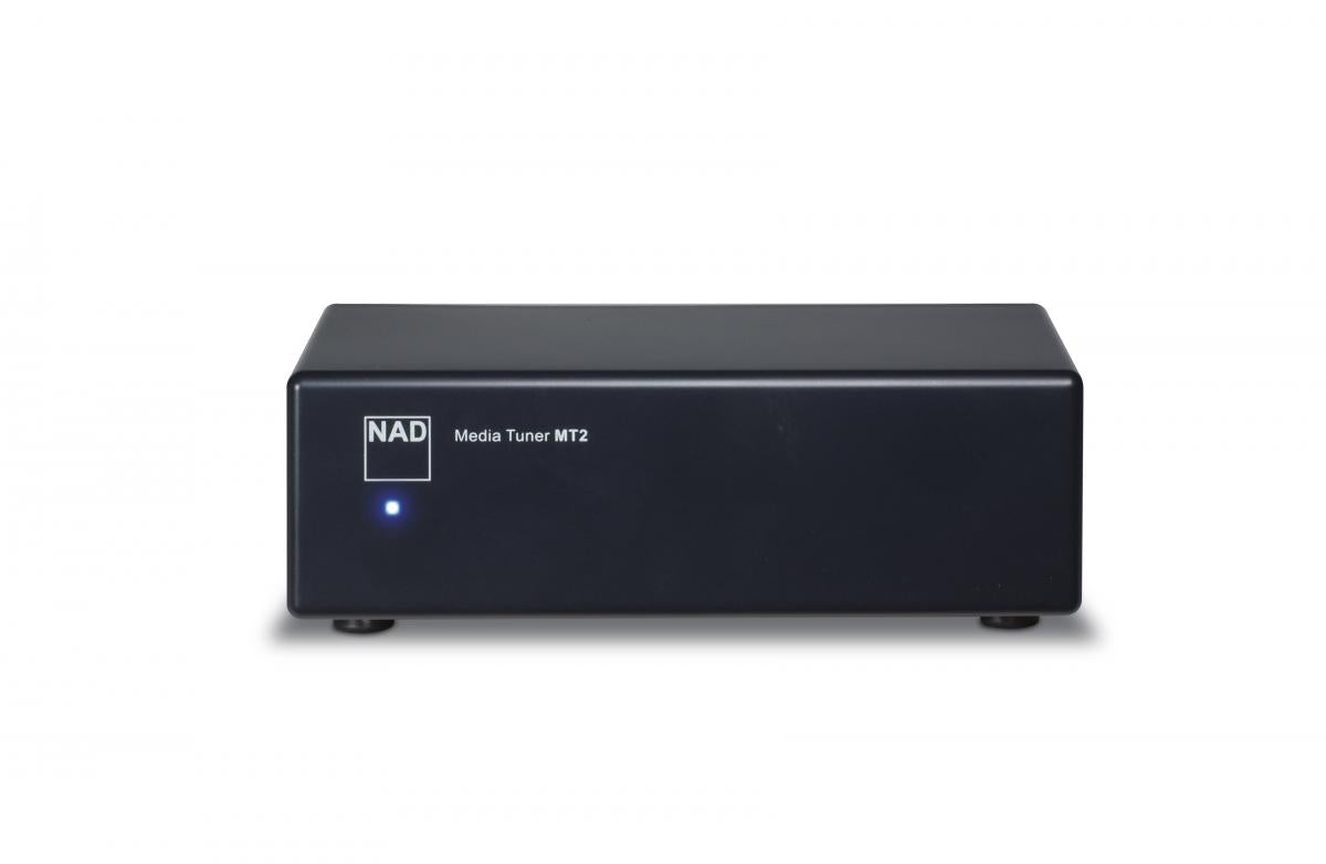 Black audio component with NAD logo on a white background